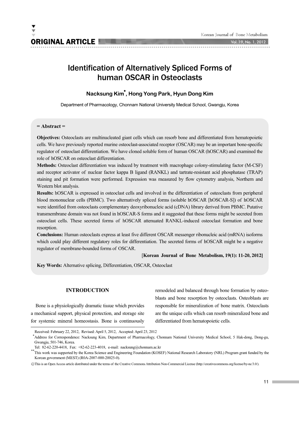 Identification of Alternatively Spliced Forms of Human OSCAR in Osteoclasts