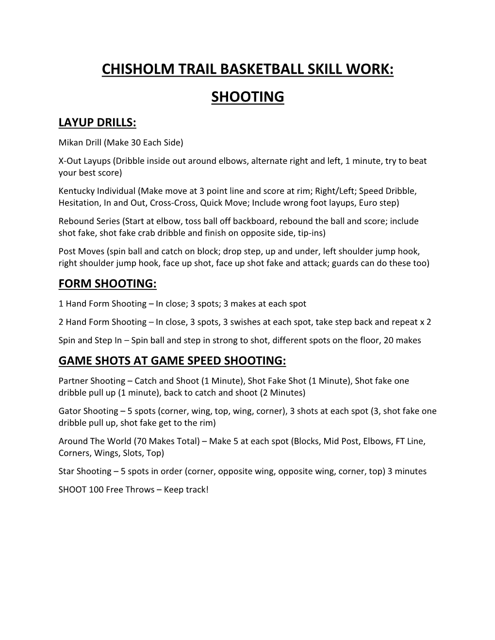 Chisholm Trail Basketball Skill Work: Shooting