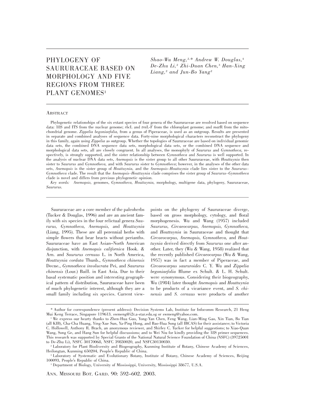 Phylogeny of Saururaceae Based on Morphology And