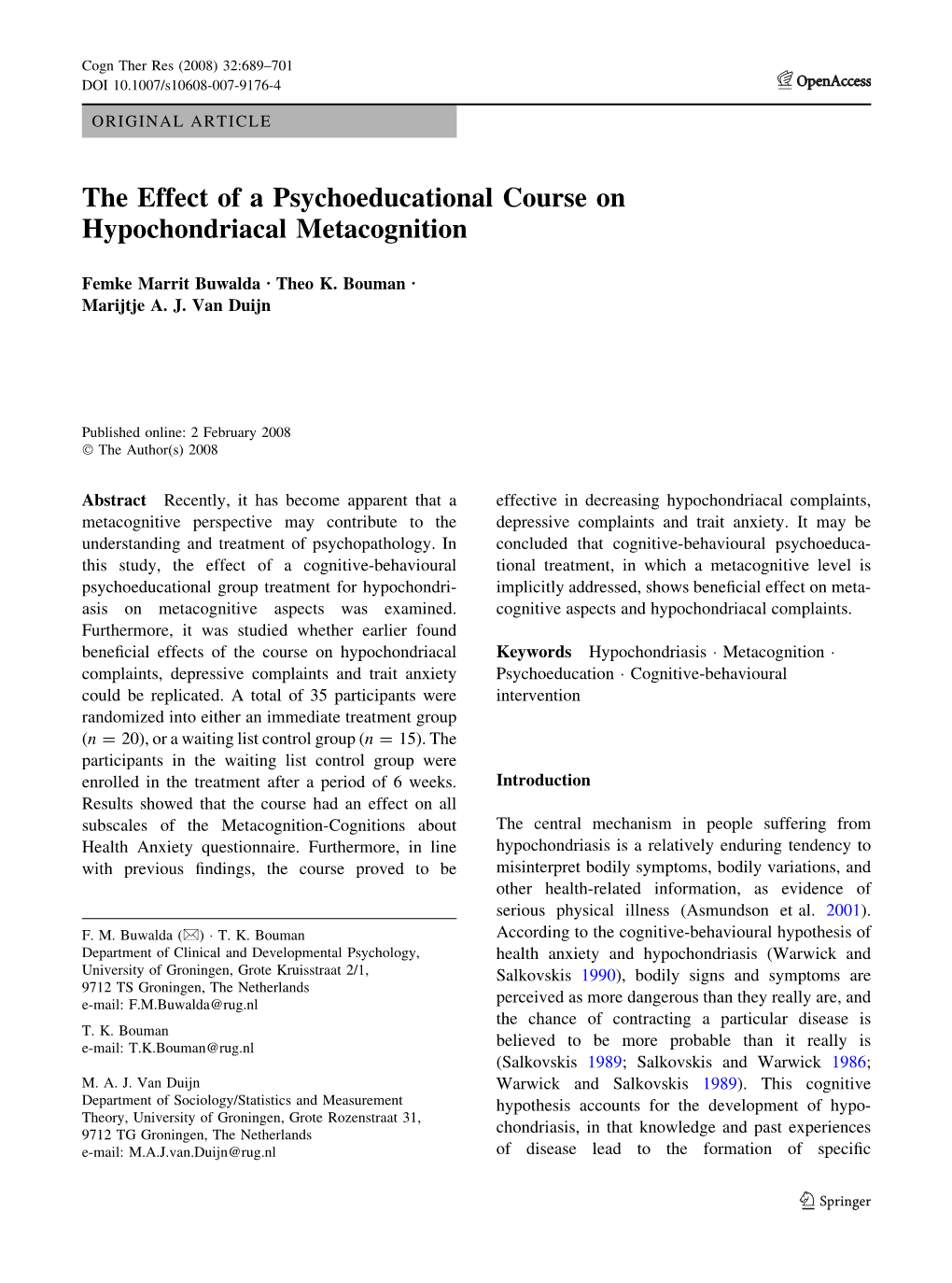 The Effect of a Psychoeducational Course on Hypochondriacal Metacognition