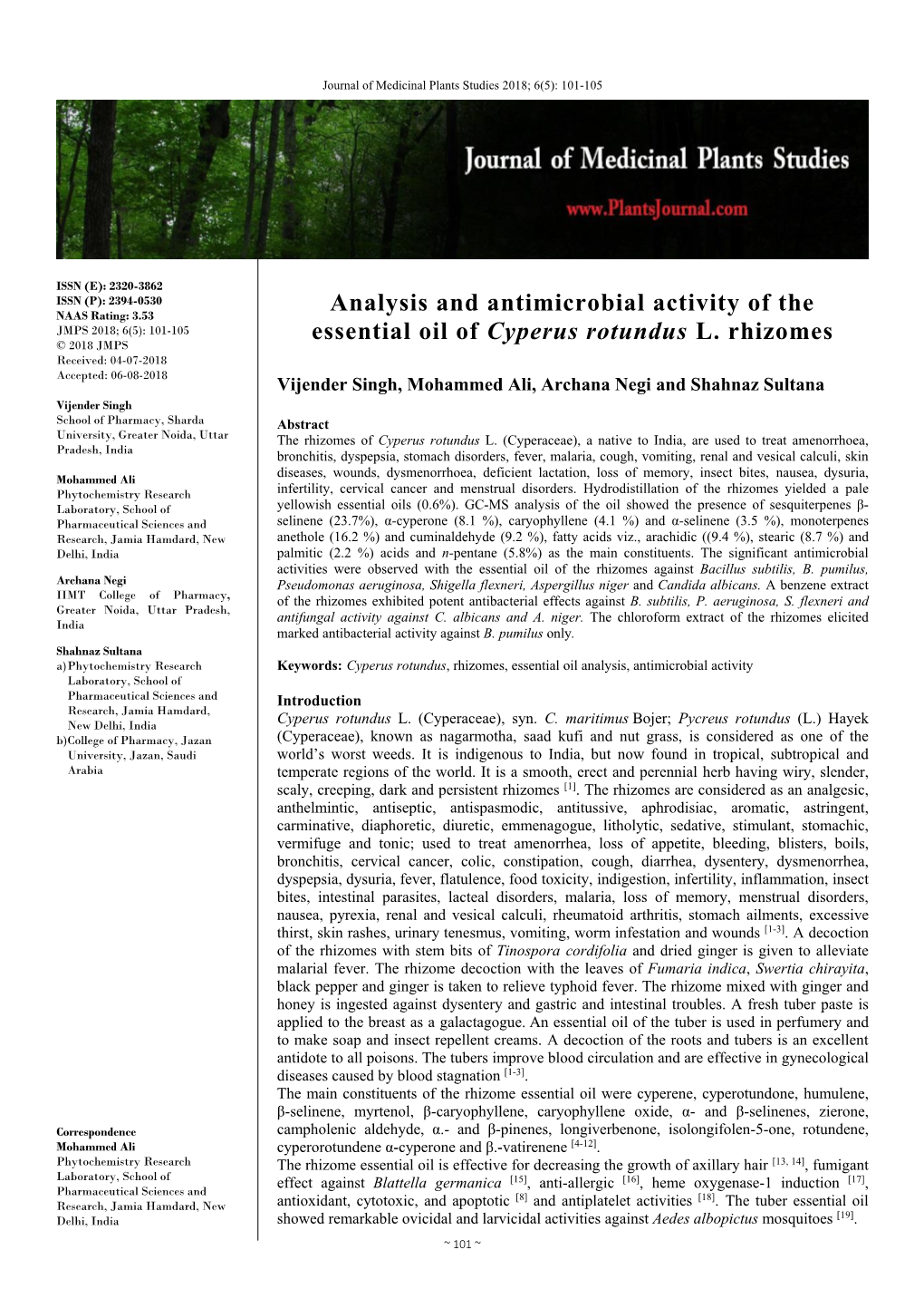 Analysis and Antimicrobial Activity of the Essential Oil of Cyperus
