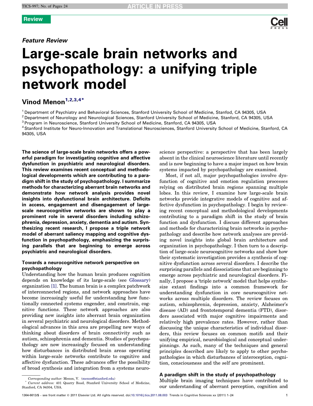 Large-Scale Brain Networks and Psychopathology: a Unifying Triple Network Model