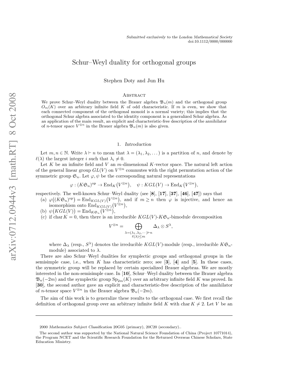 Arxiv:0712.0944V3 [Math.RT] 8 Oct 2008 B Eiipecs,Ie,When I.E., Case, Semisimple H Ymti Ru Ilb Elcdb Eti Pcaie Ruralg Brauer Specialized [ Certain in by Case