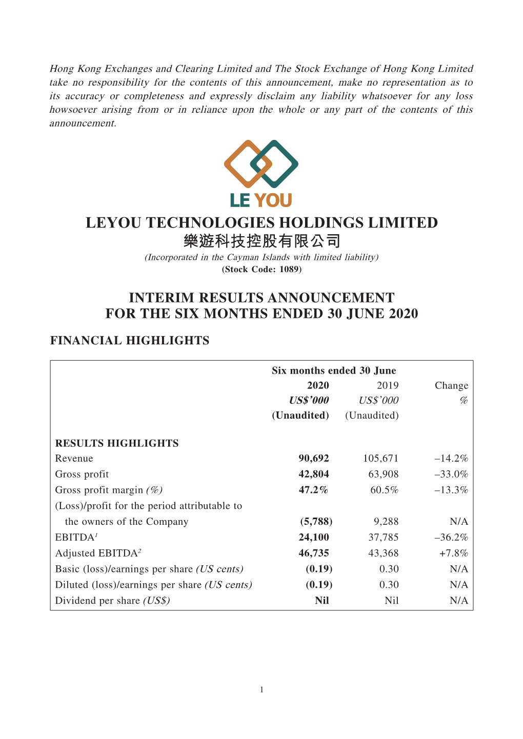 LEYOU TECHNOLOGIES HOLDINGS LIMITED 樂遊科技控股有限公司 (Incorporated in the Cayman Islands with Limited Liability) (Stock Code: 1089)