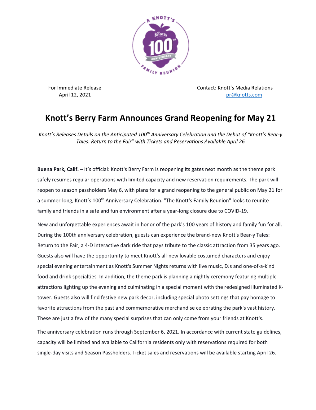 Knott's Berry Farm Announces Grand Reopening for May 21