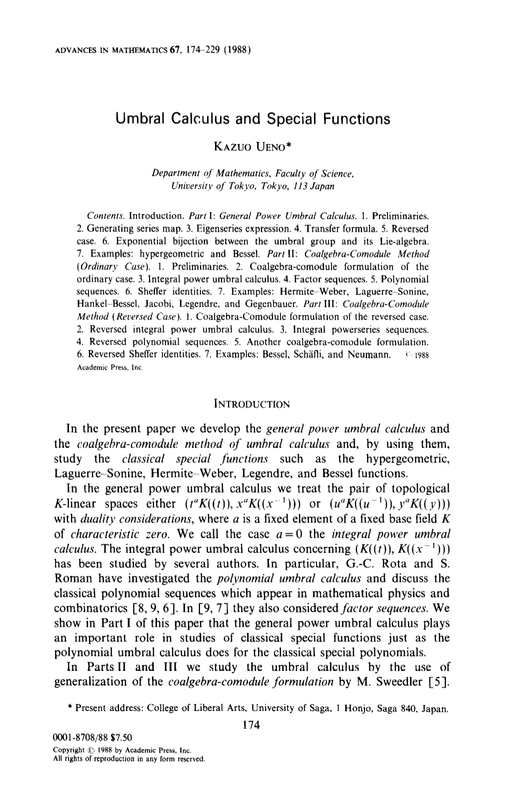 Umbra1 Calculus and Special Functions