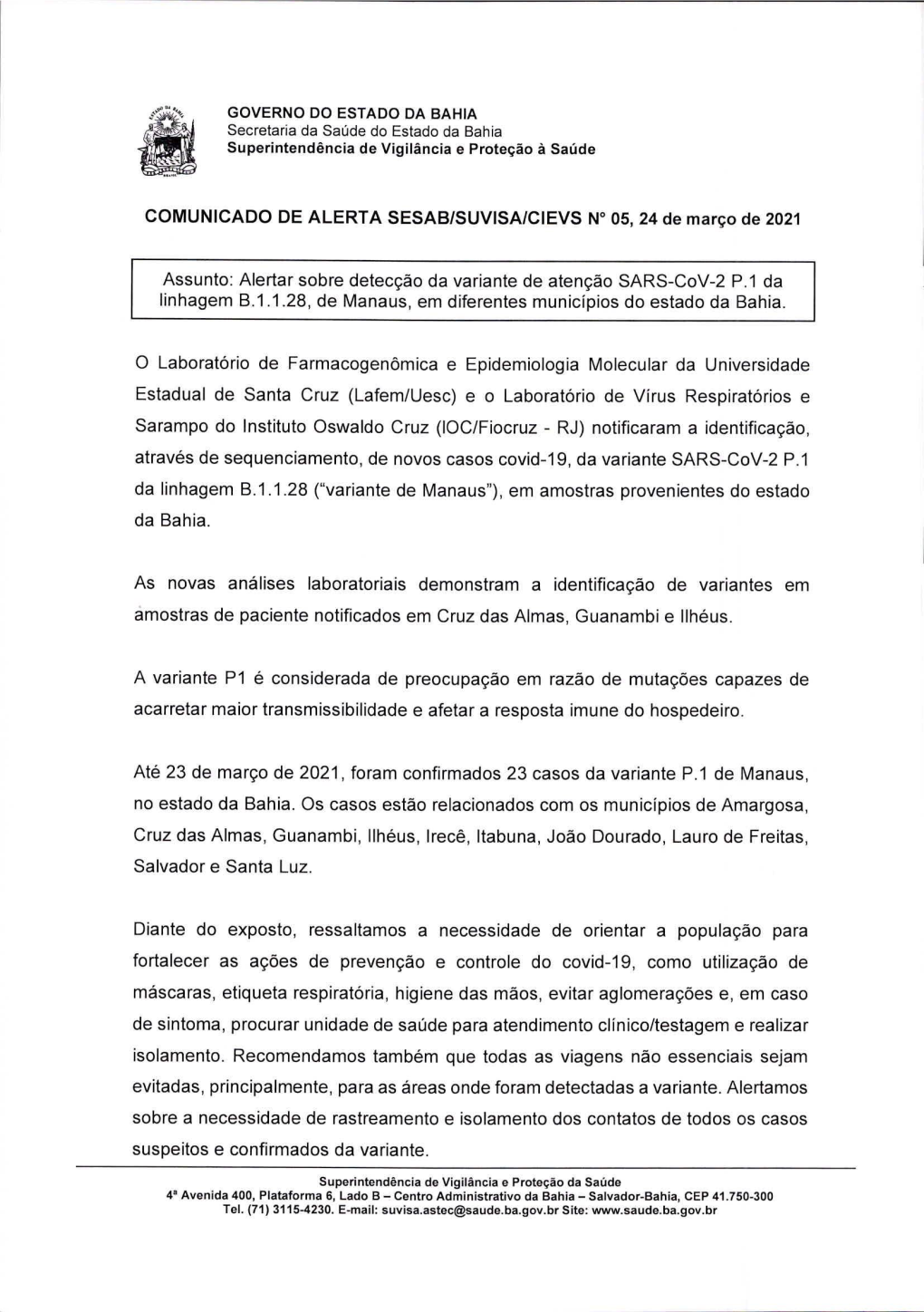 Alertar Sobre Detecgao Da Variante De Atengao SARS-Cov-2 P.1 Da Linhagem B.1.1.28, De Manaus, Em Diferentes Municfpios Do Estado Da Bahia