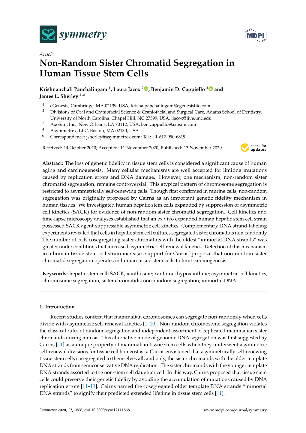 Non-Random Sister Chromatid Segregation in Human Tissue Stem Cells