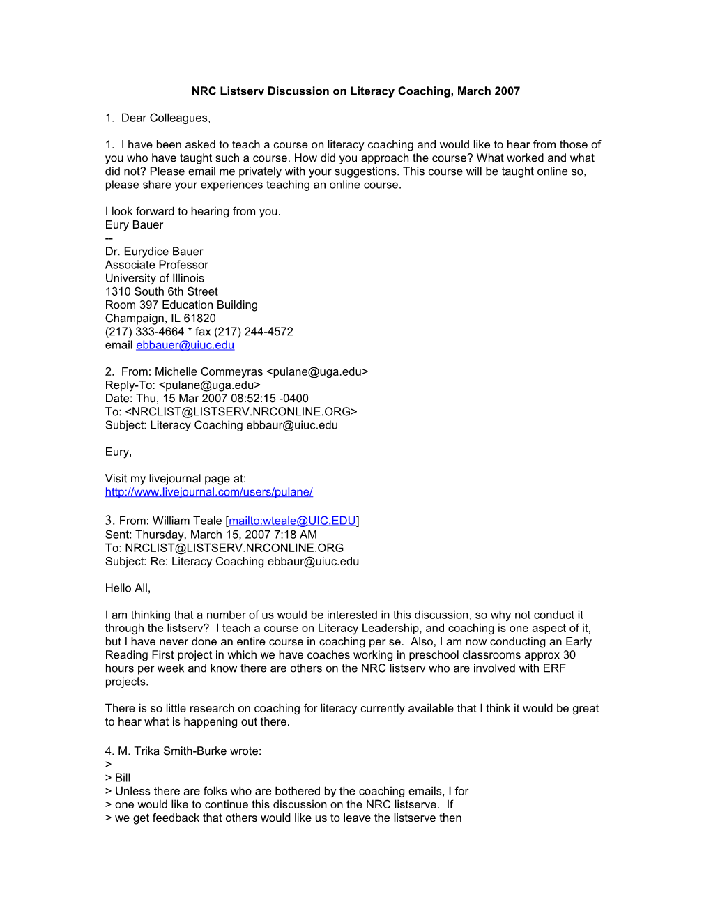 NRC Listserv Discussion on Literacy Coaching, March 2007