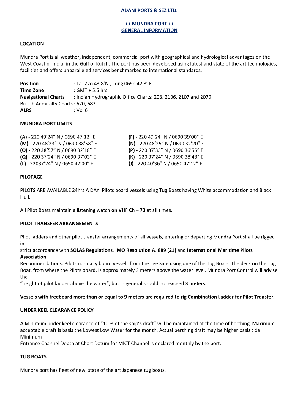 Adani Ports & Sez Ltd. ++ Mundra Port ++ General