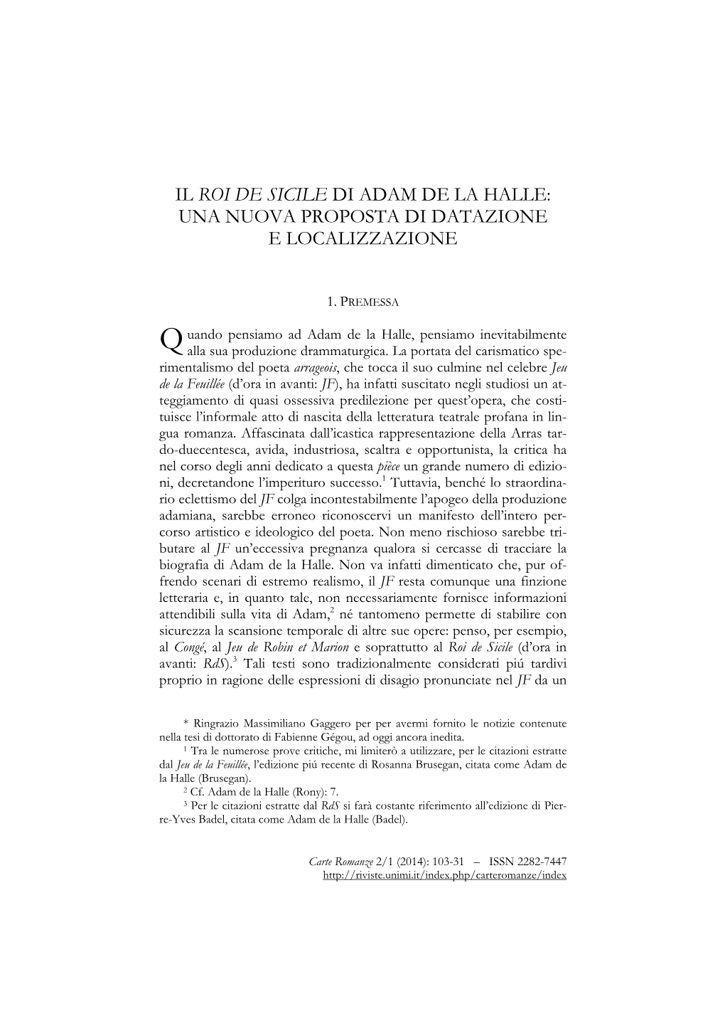 Il Roi De Sicile Di Adam De La Halle: Una Nuova Proposta Di Datazione E Localizzazione