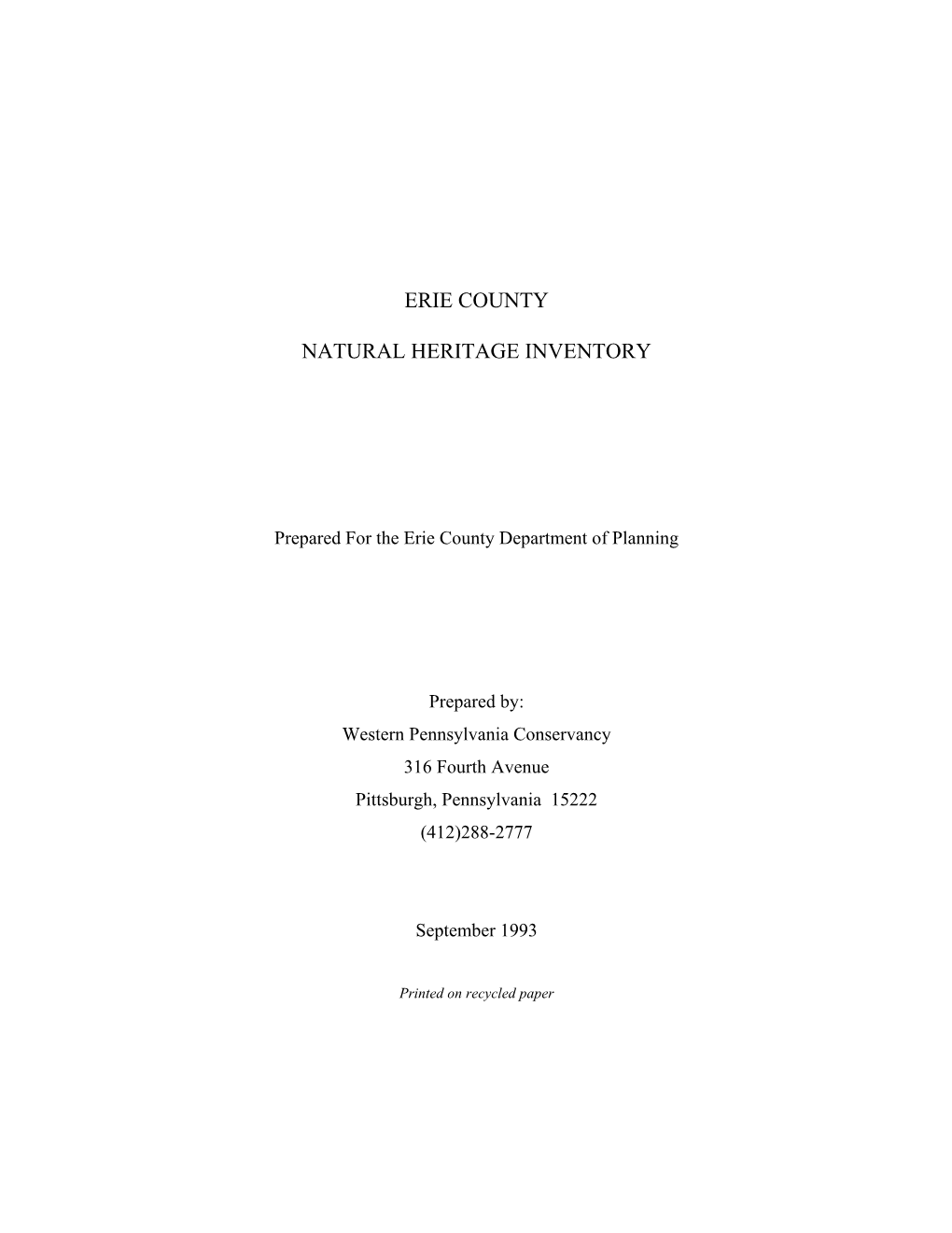 Eire County Natural Heritage Inventory, 1993