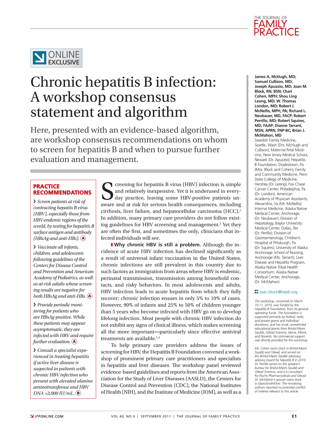 Chronic Hepatitis B Infection: a Workshop Consensus Statement And