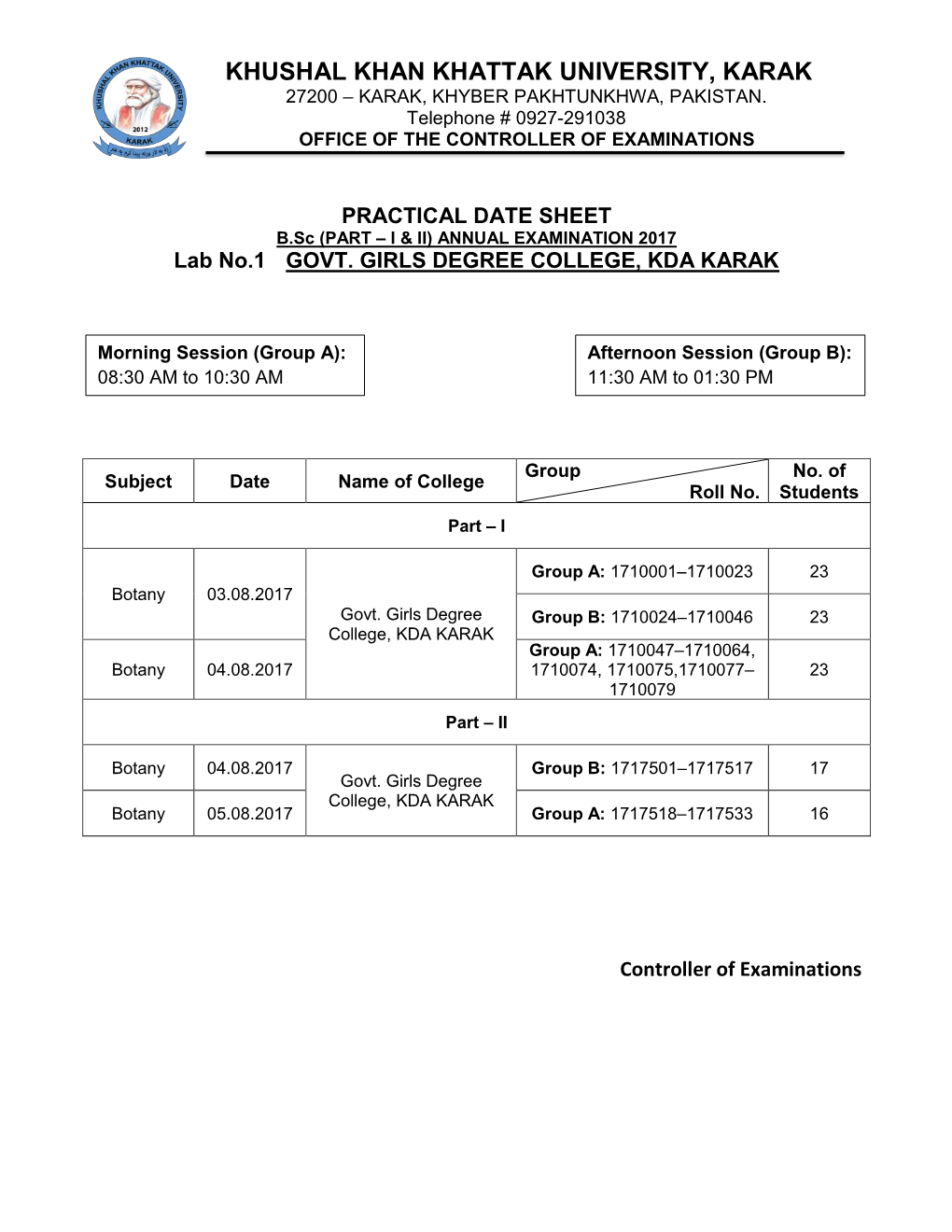 B.Sc (PART – I & II) ANNUAL EXAMINATION 2017 PRACTICAL