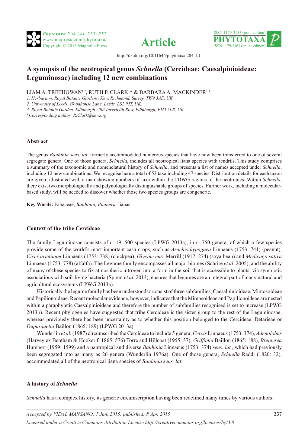 A Synopsis of the Neotropical Genus Schnella (Cercideae: Caesalpinioideae: Leguminosae) Including 12 New Combinations