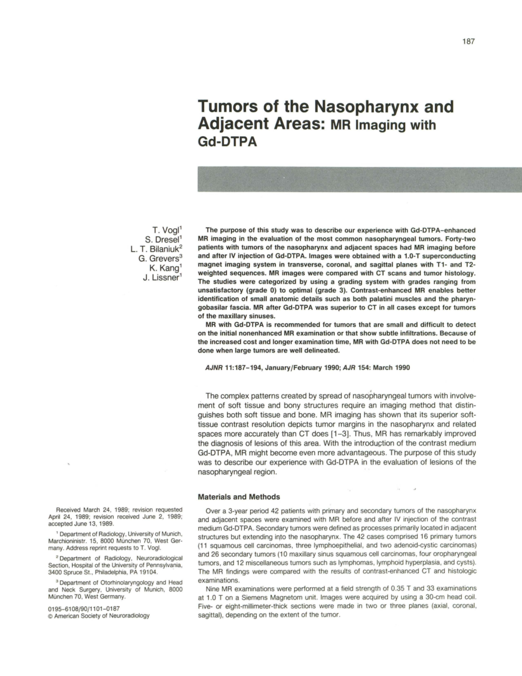 Tumors of the Nasopharynx and Adjacent Areas: MR Imaging with Gd-DTPA