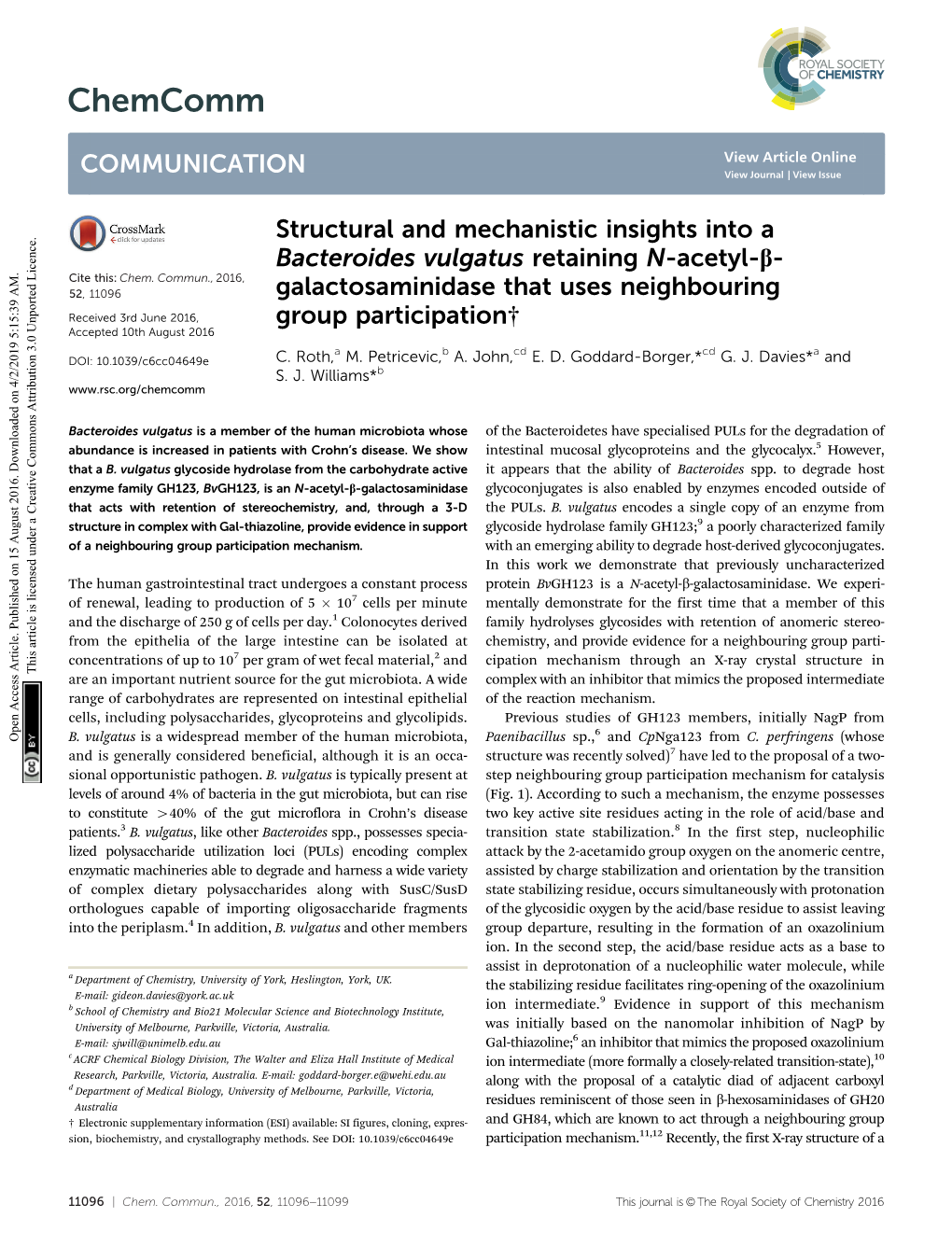 Structural and Mechanistic Insights Into a Bacteroides Vulgatus Retaining N-Acetyl-B- Cite This: Chem