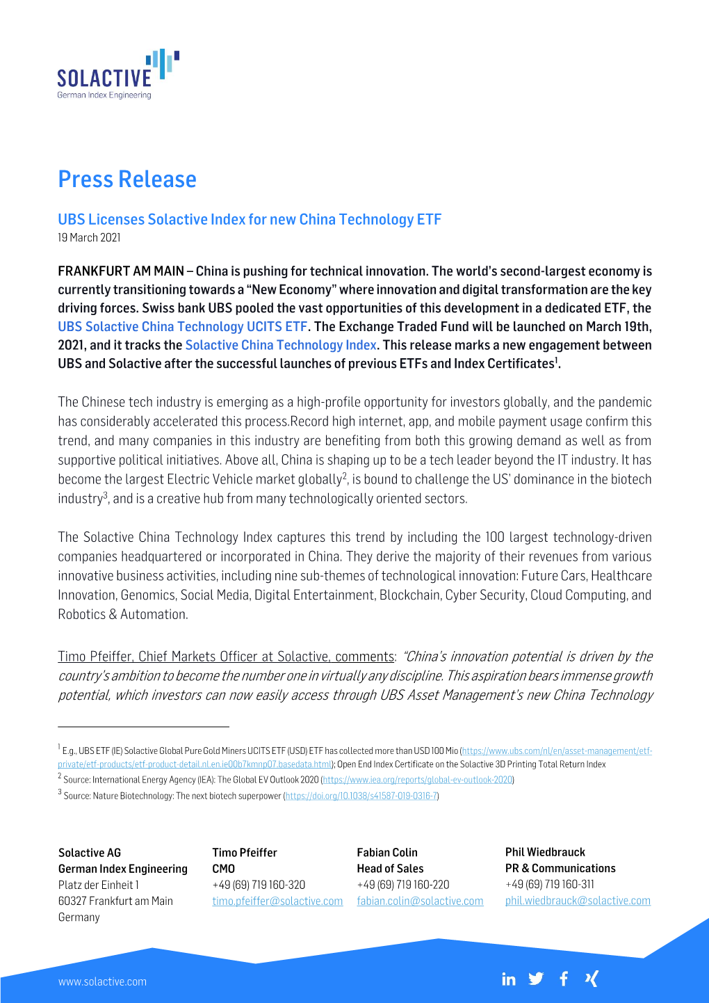 Press Release – UBS Licenses Solactive Index for New China