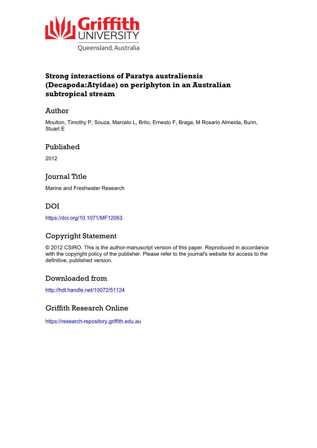 Strong Interactions of Paratya Australiensis (Decapoda: Atyidae) on Periphyton in an Australian Subtropical Stream