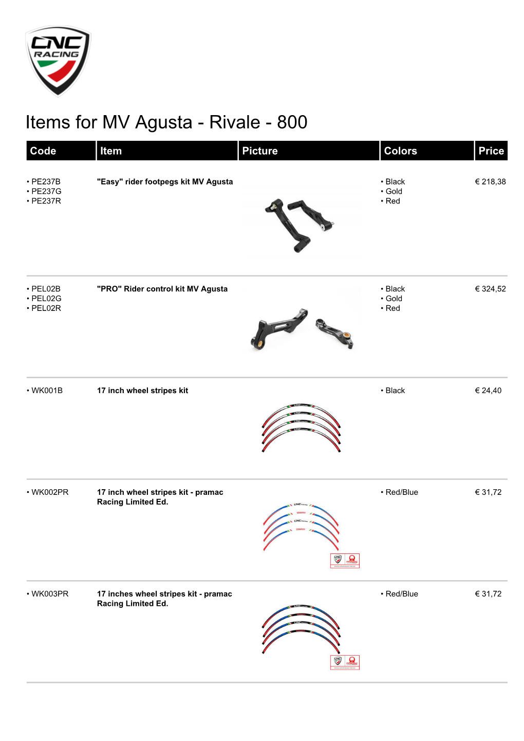 Items for MV Agusta - Rivale - 800