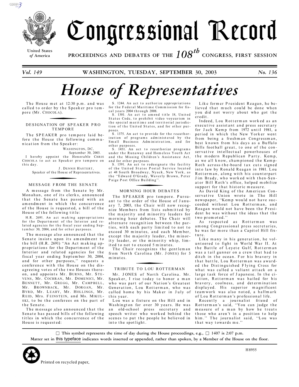 Congressional Record United States Th of America PROCEEDINGS and DEBATES of the 108 CONGRESS, FIRST SESSION