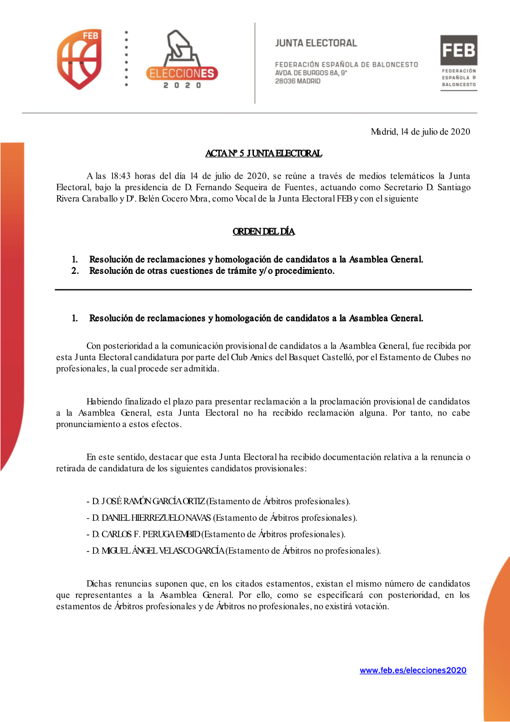 Acta Nº 5. Resolución Reclamaciones Y Homologación Candidatos