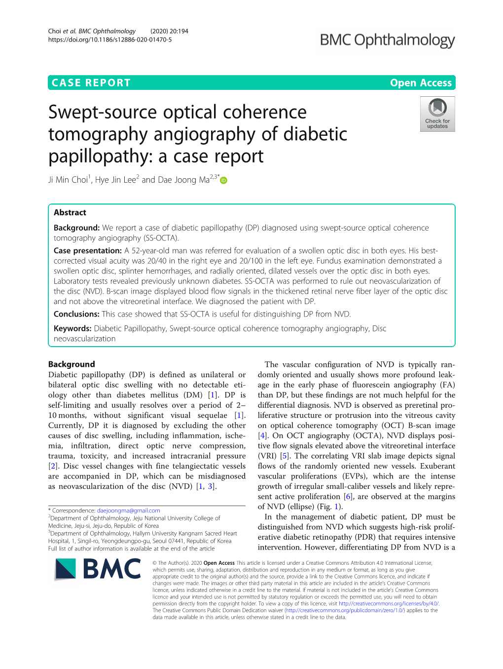 Swept-Source Optical Coherence Tomography Angiography of Diabetic Papillopathy: a Case Report Ji Min Choi1, Hye Jin Lee2 and Dae Joong Ma2,3*