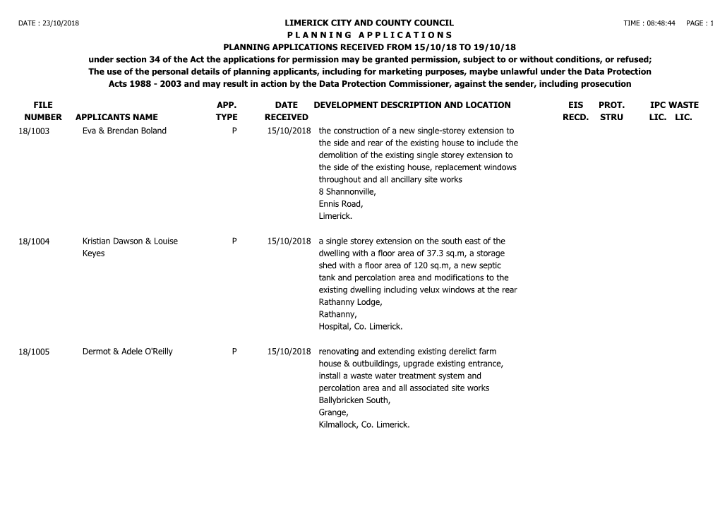 File Number Limerick City and County Council P L a N N I N G a P P L I C a T I O N S Planning Applications Received from 15/10