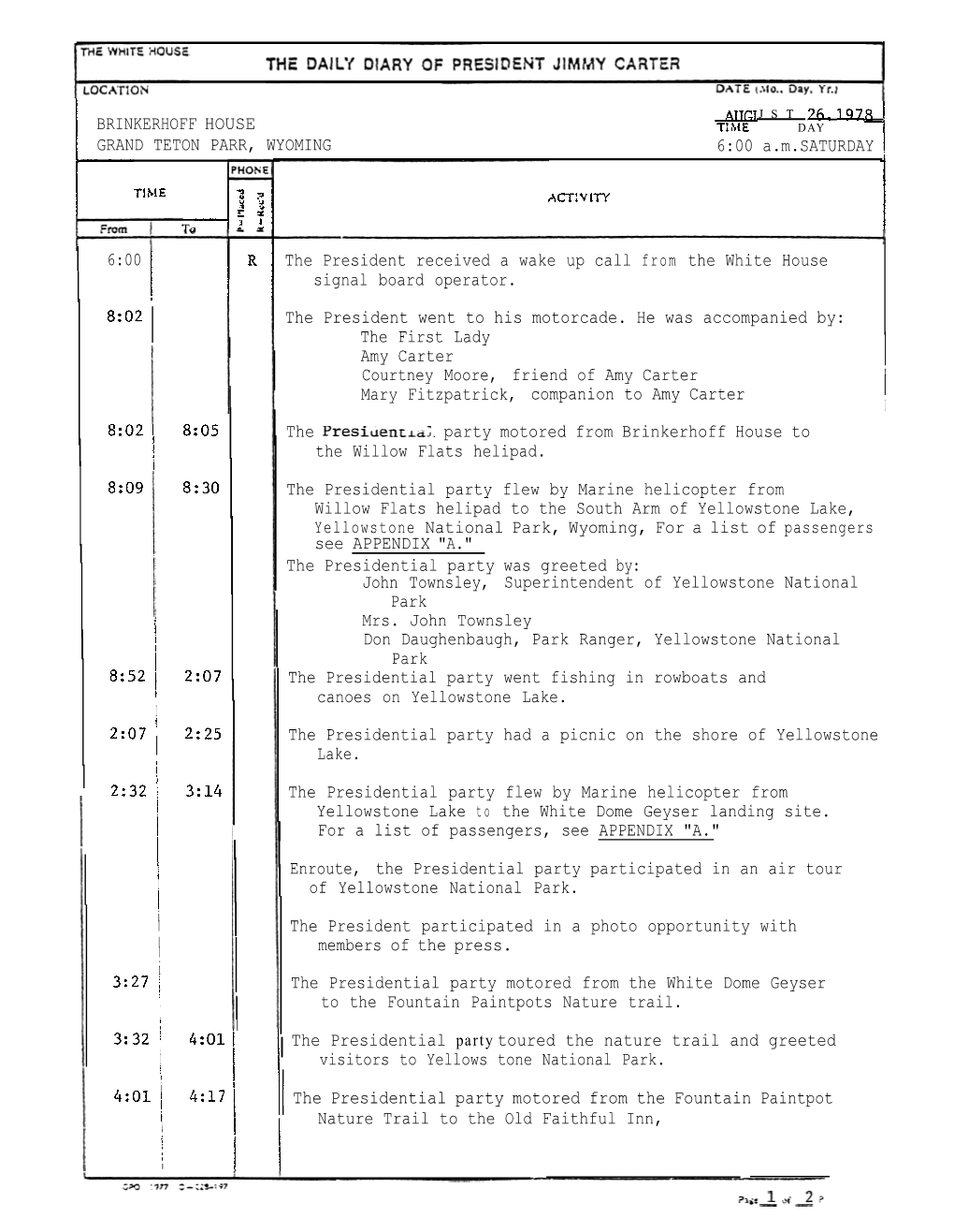 AUGUST 26, 1978 , TIME D a Y YELLOWSTONE NATIONAL PARK, WYOMING I 4:17 P.M.SATURDAY