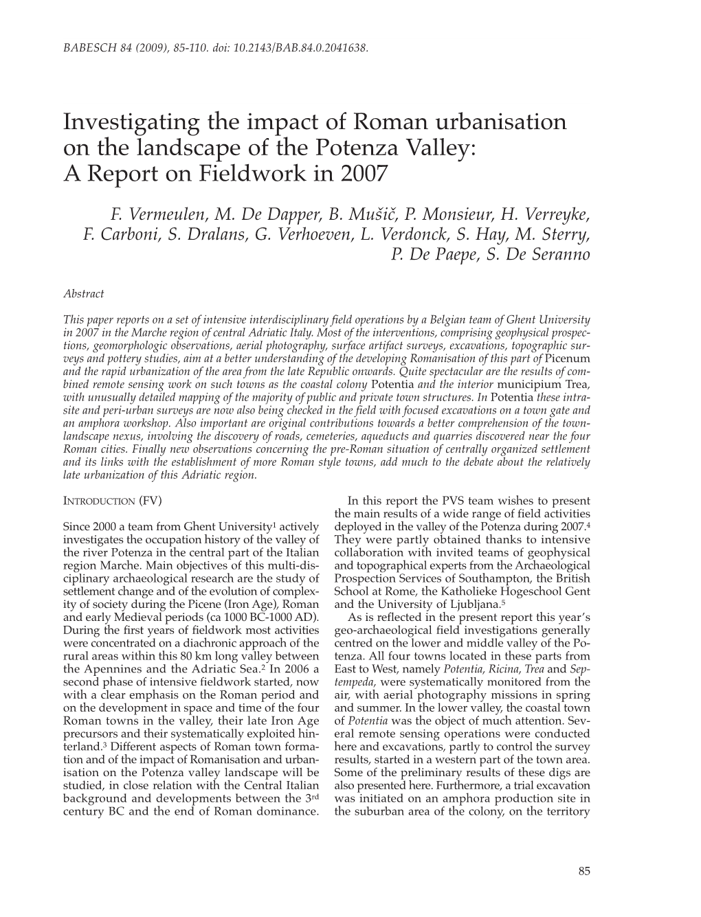 Investigating the Impact of Roman Urbanisation on the Landscape of the Potenza Valley: a Report on Fieldwork in 2007