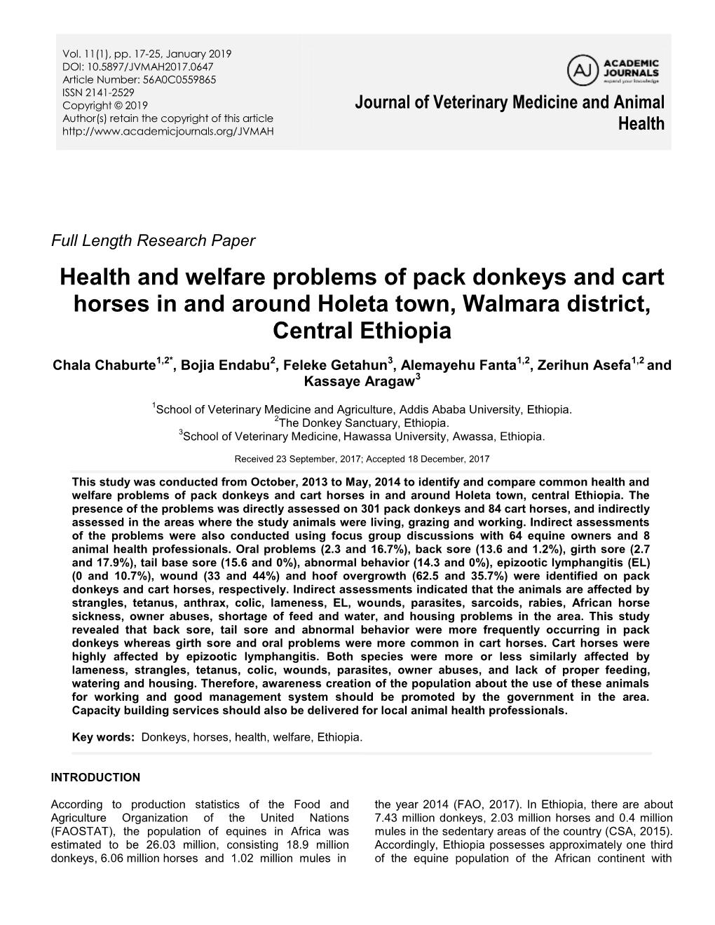 Health and Welfare Problems of Pack Donkeys and Cart Horses in and Around Holeta Town, Walmara District, Central Ethiopia