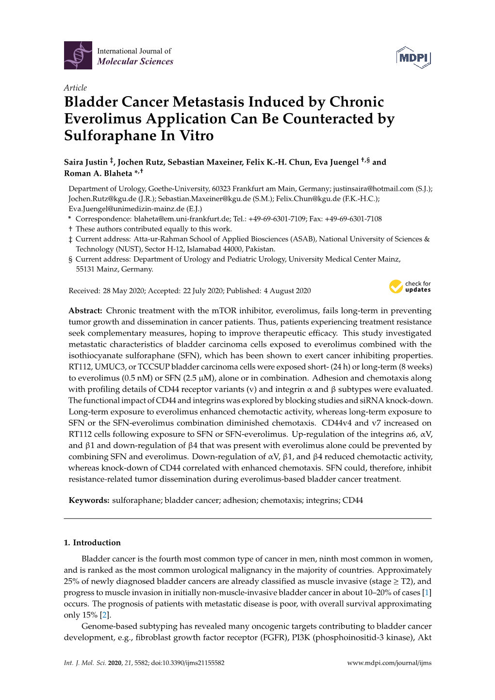 Bladder Cancer Metastasis Induced by Chronic Everolimus Application Can Be Counteracted by Sulforaphane in Vitro