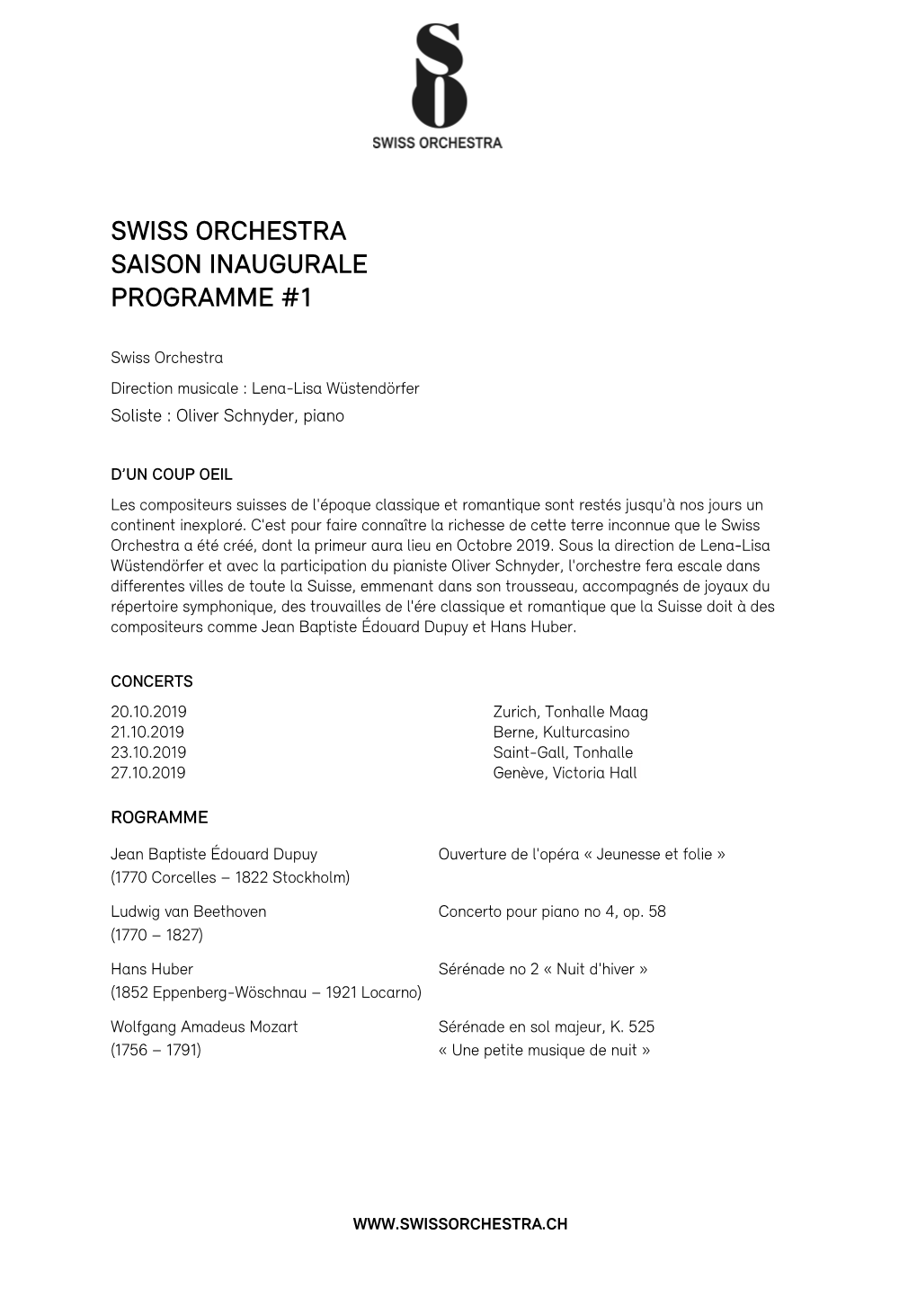 Swiss Orchestra Saison Inaugurale Programme #1