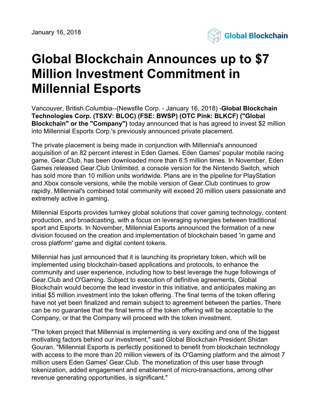 Global Blockchain Announces up to $7 Million Investment Commitment in Millennial Esports