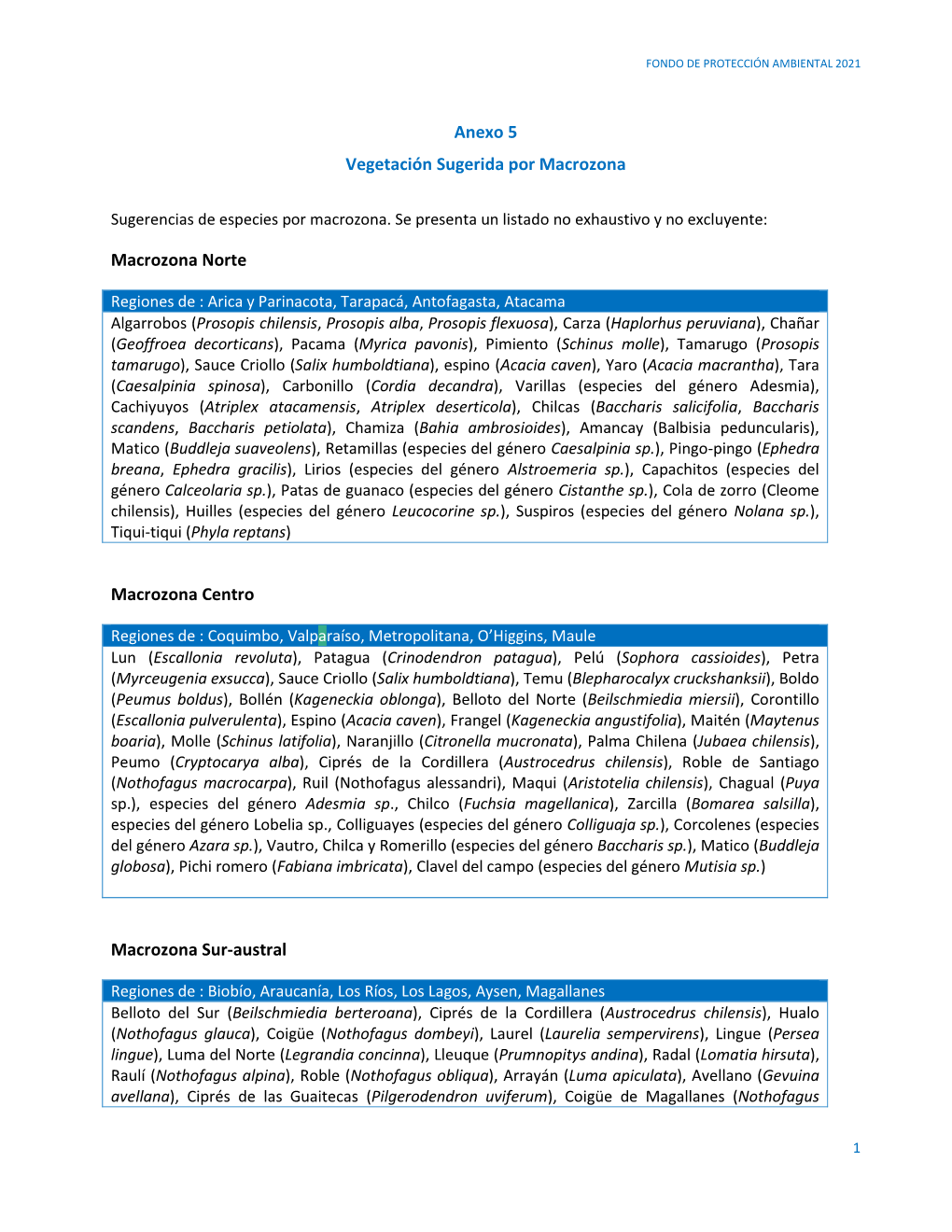 Anexo 5 Vegetación Sugerida Por Macrozona