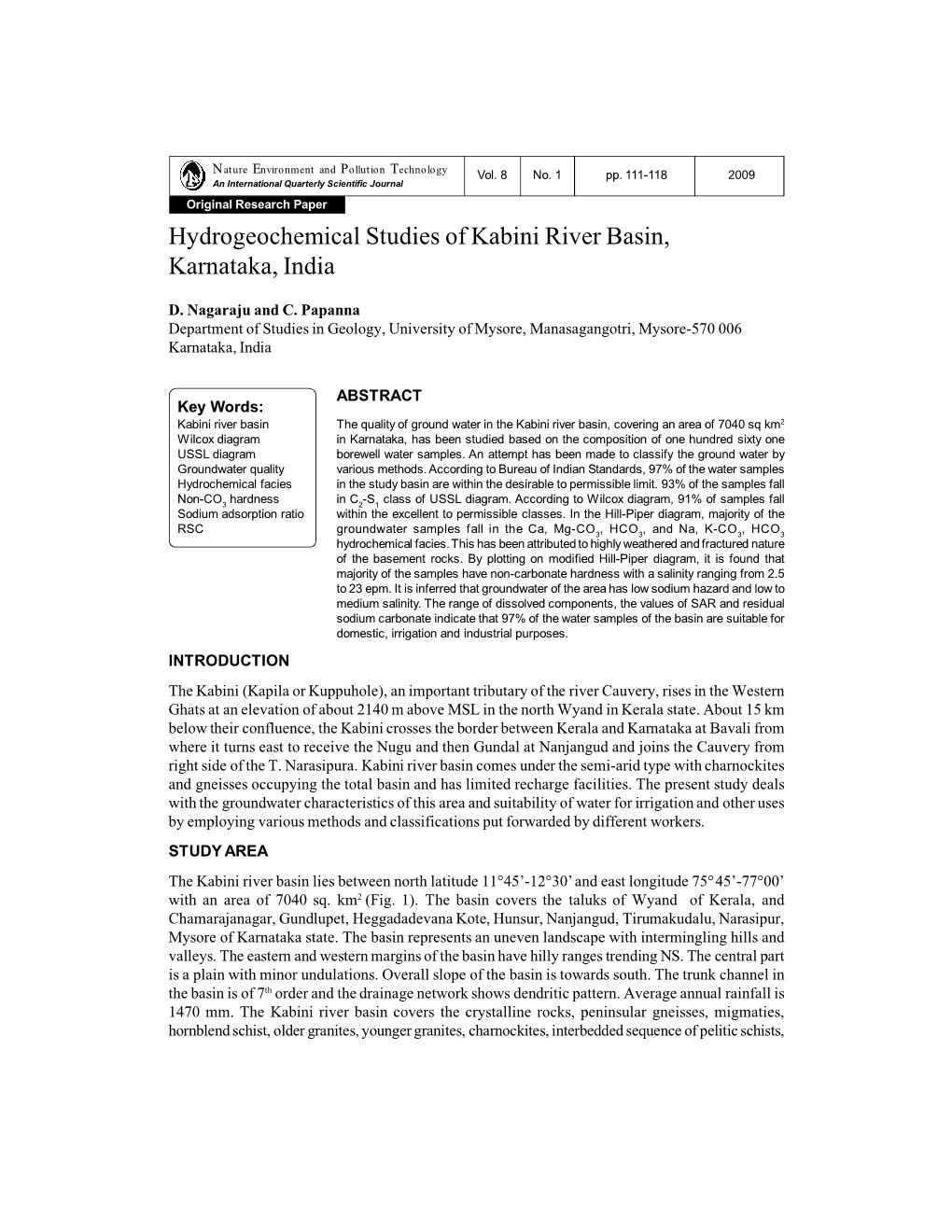 Hydrogeochemical Studies of Kabini River Basin, Karnataka, India