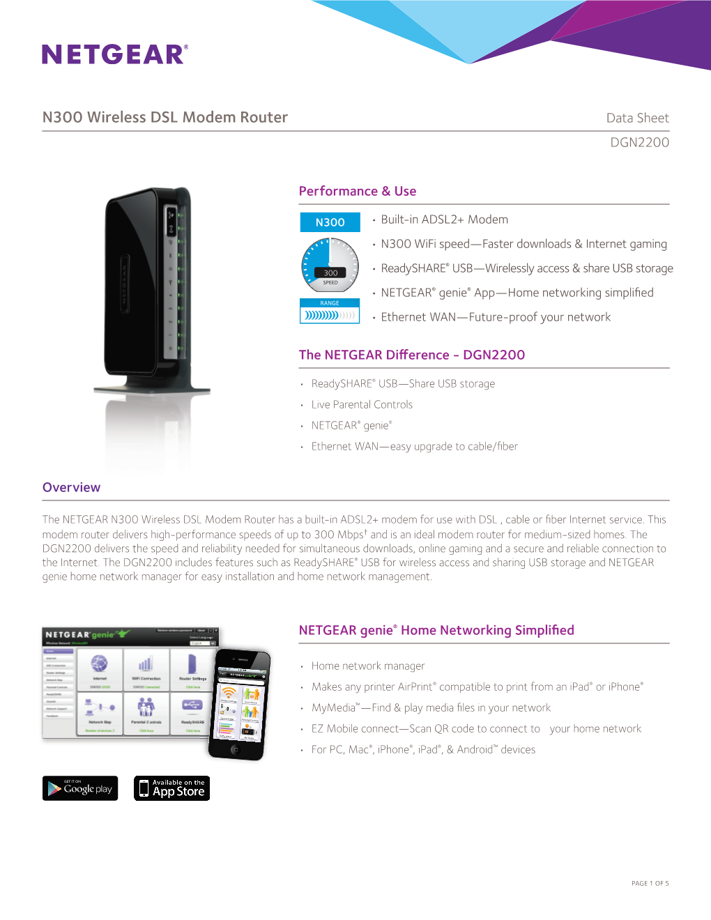 N300 Wireless DSL Modem Router Data Sheet DGN2200