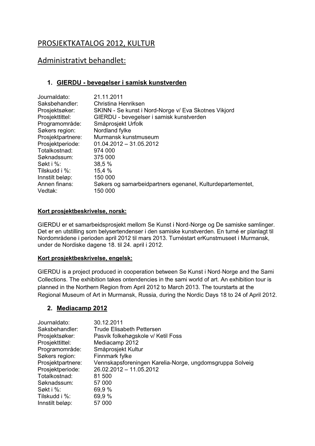 PROSJEKTKATALOG 2012, KULTUR Administrativt Behandlet