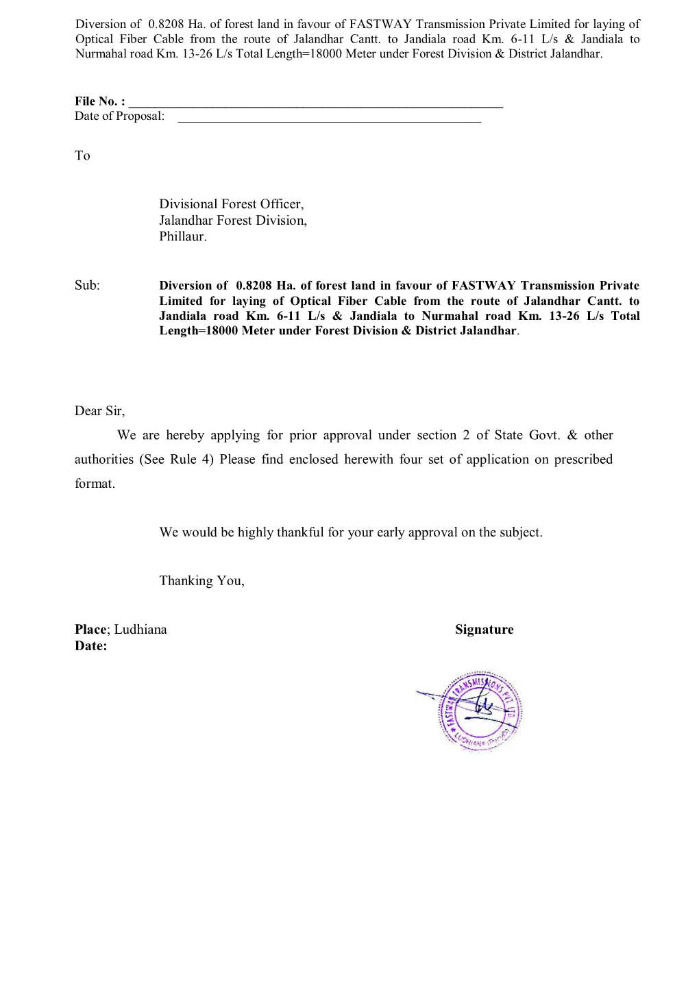 To Divisional Forest Officer, Jalandhar Forest Division, Phillaur