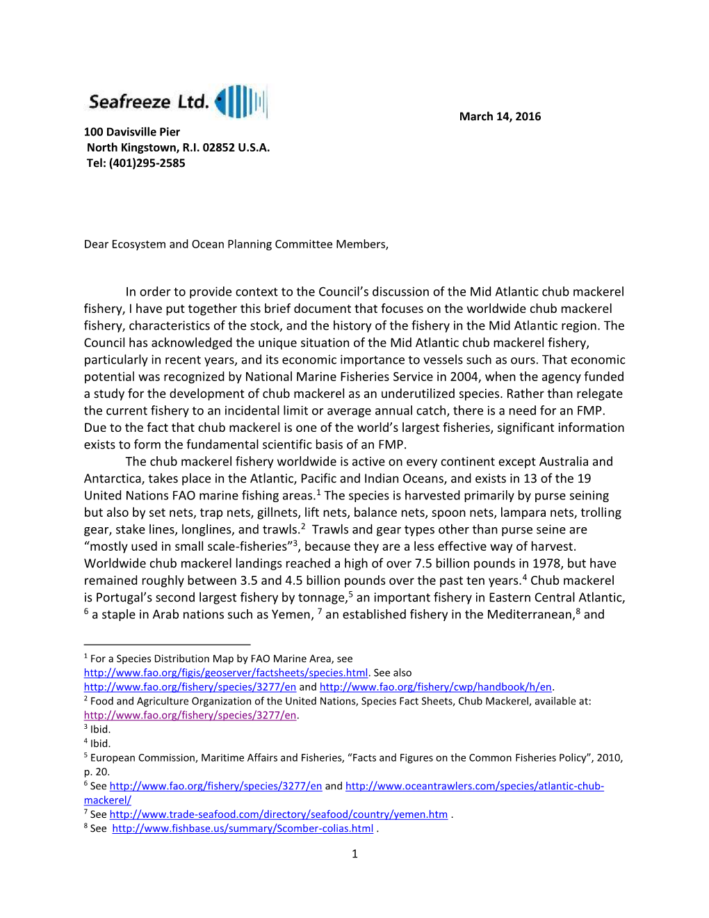 Seafreeze Letter with Haskin Lab Chub Mackerel Study Report