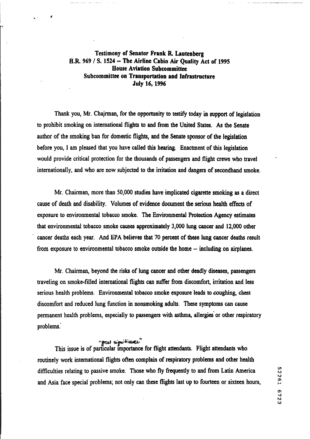 Testimony of Senator Frank R Lautenberg H.R 969 1 S. 1524