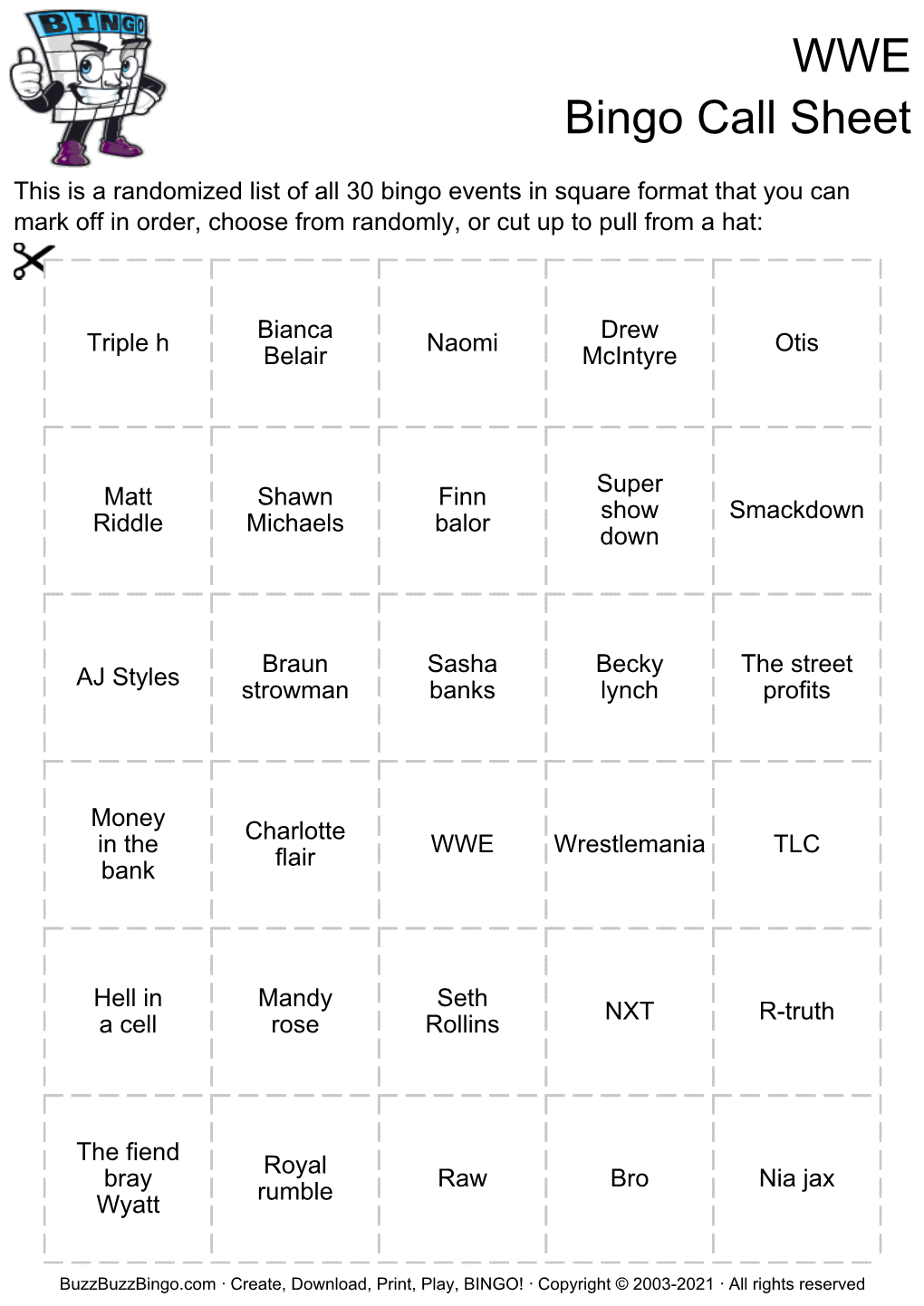 WWE Bingo Call Sheet