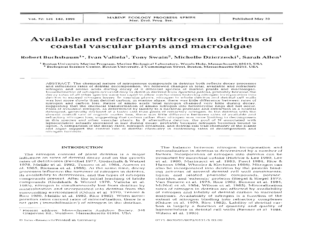 Available and Refractory Nitrogen in Detritus of Coastal Vascular Plants and Macroalgae