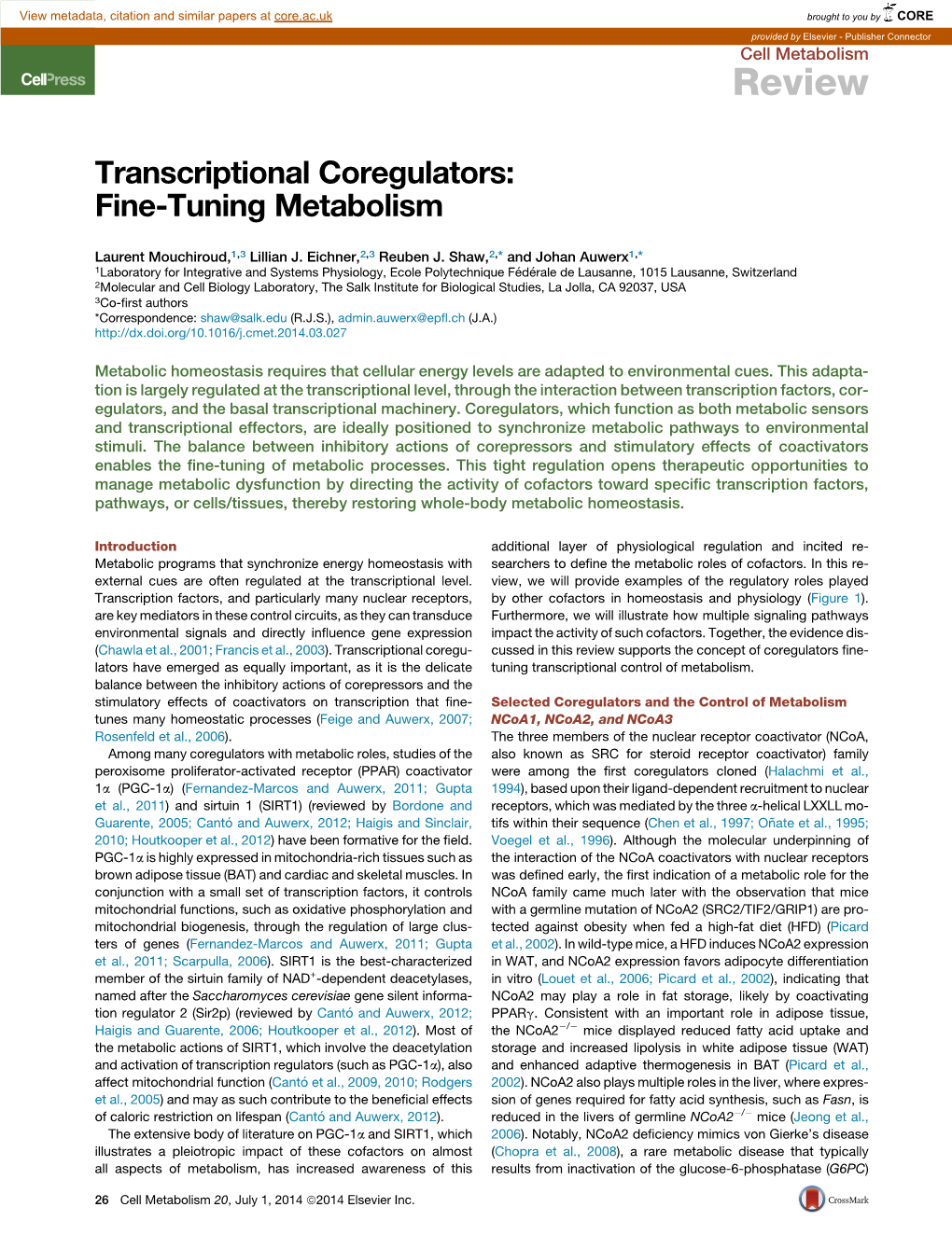 Transcriptional Coregulators: Fine-Tuning Metabolism