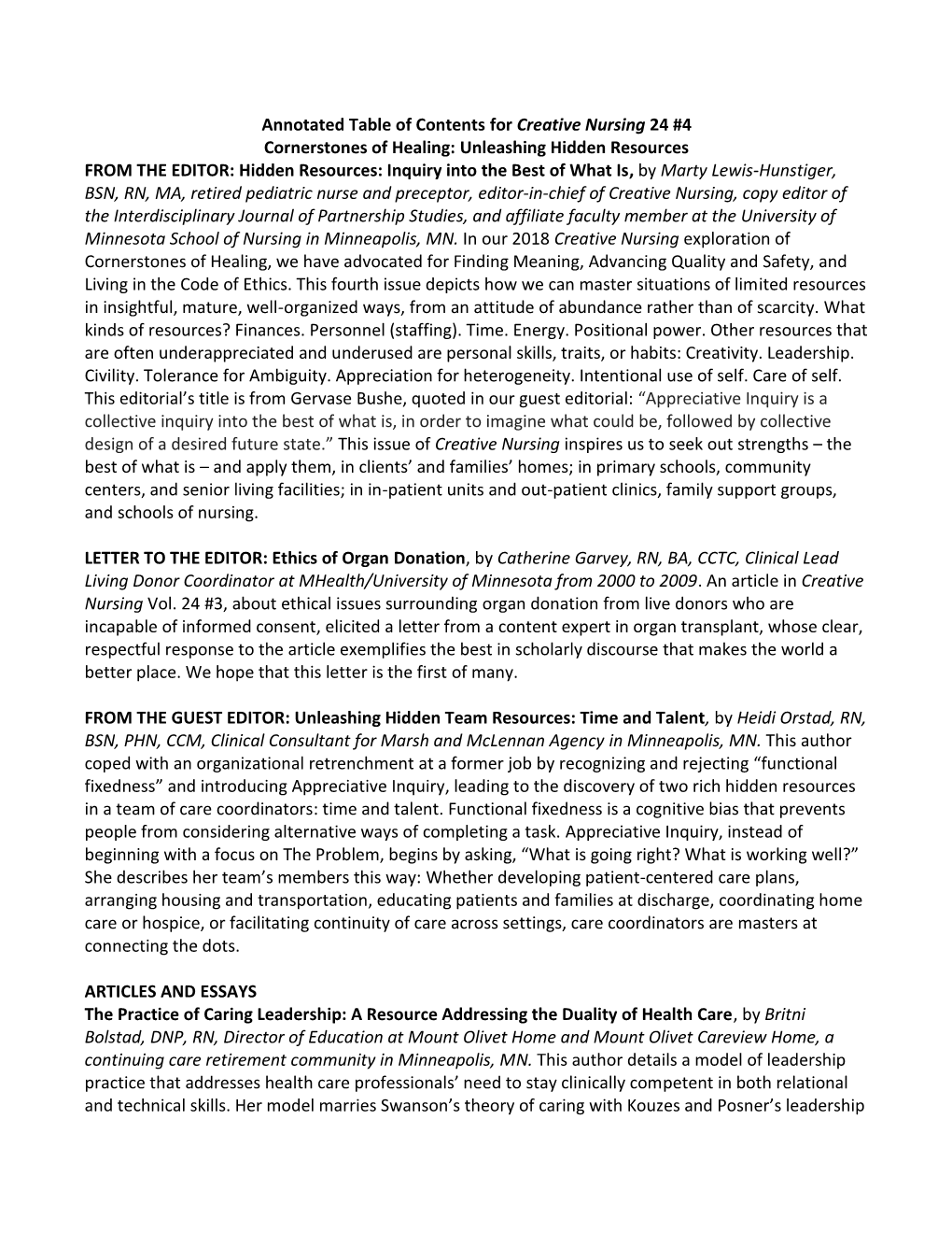 Annotated Table of Contents for Creative Nursing 24 #4