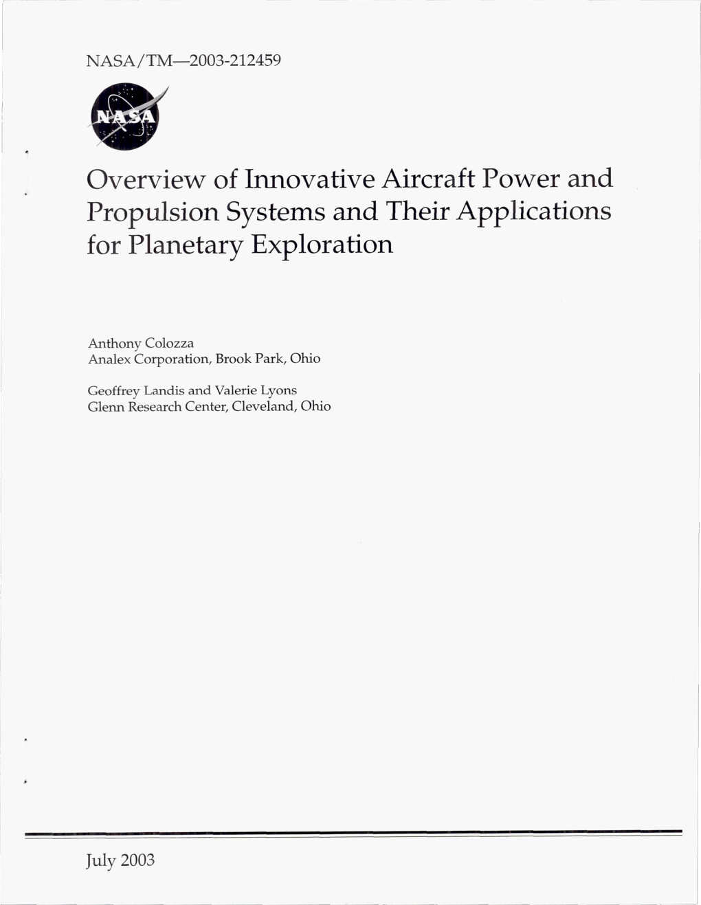 Overview of Innovative Aircraft Power and Propulsion Systems and Their Applications for Planetary Exploration