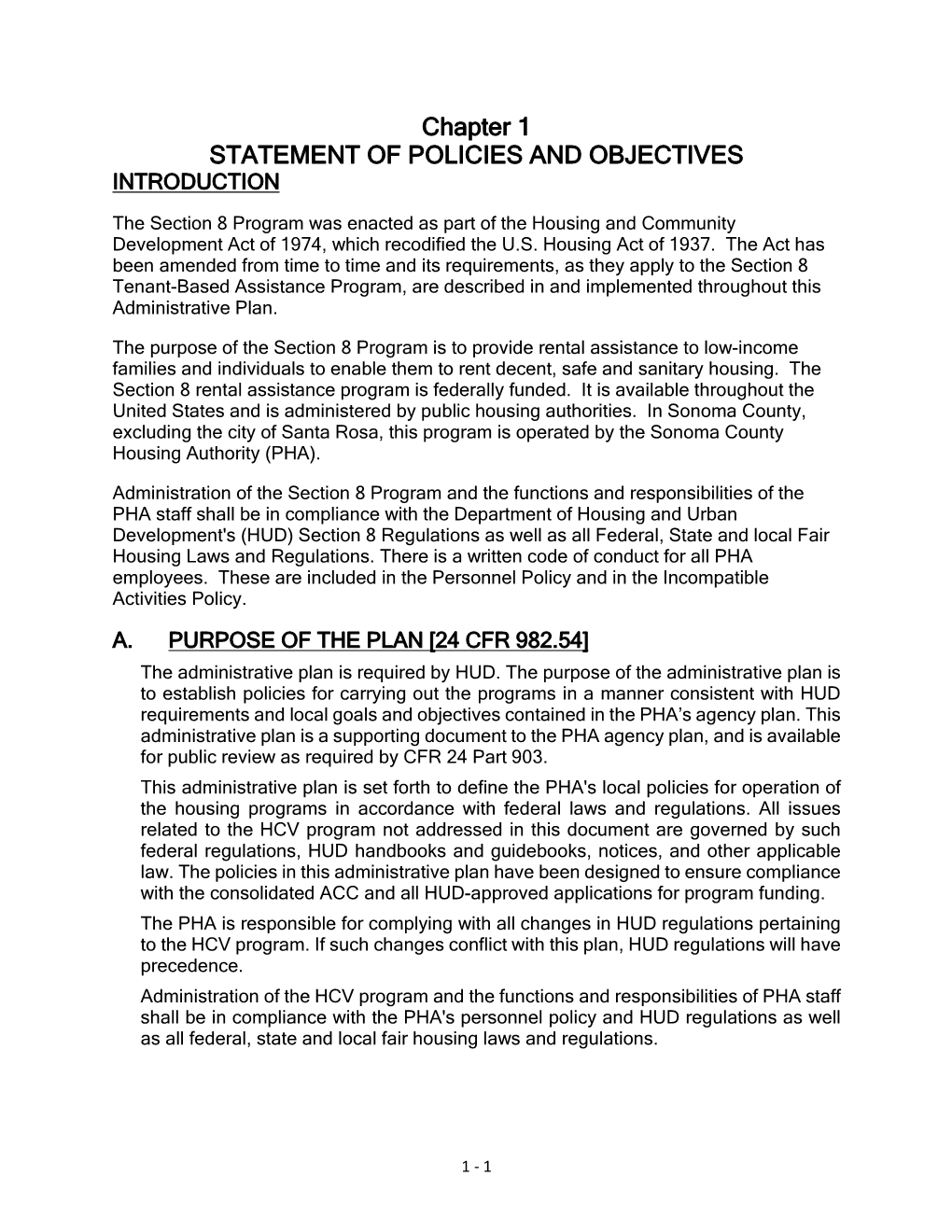 Chapter 1 STATEMENT of POLICIES and OBJECTIVES INTRODUCTION