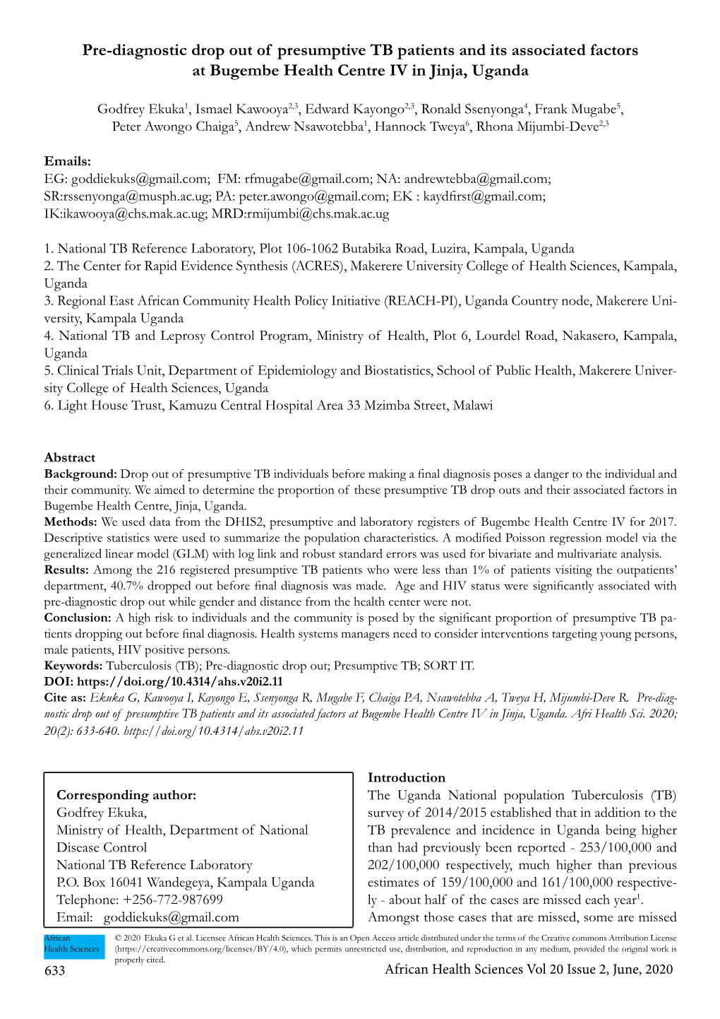 Pre-Diagnostic Drop out of Presumptive TB Patients and Its Associated Factors at Bugembe Health Centre IV in Jinja, Uganda