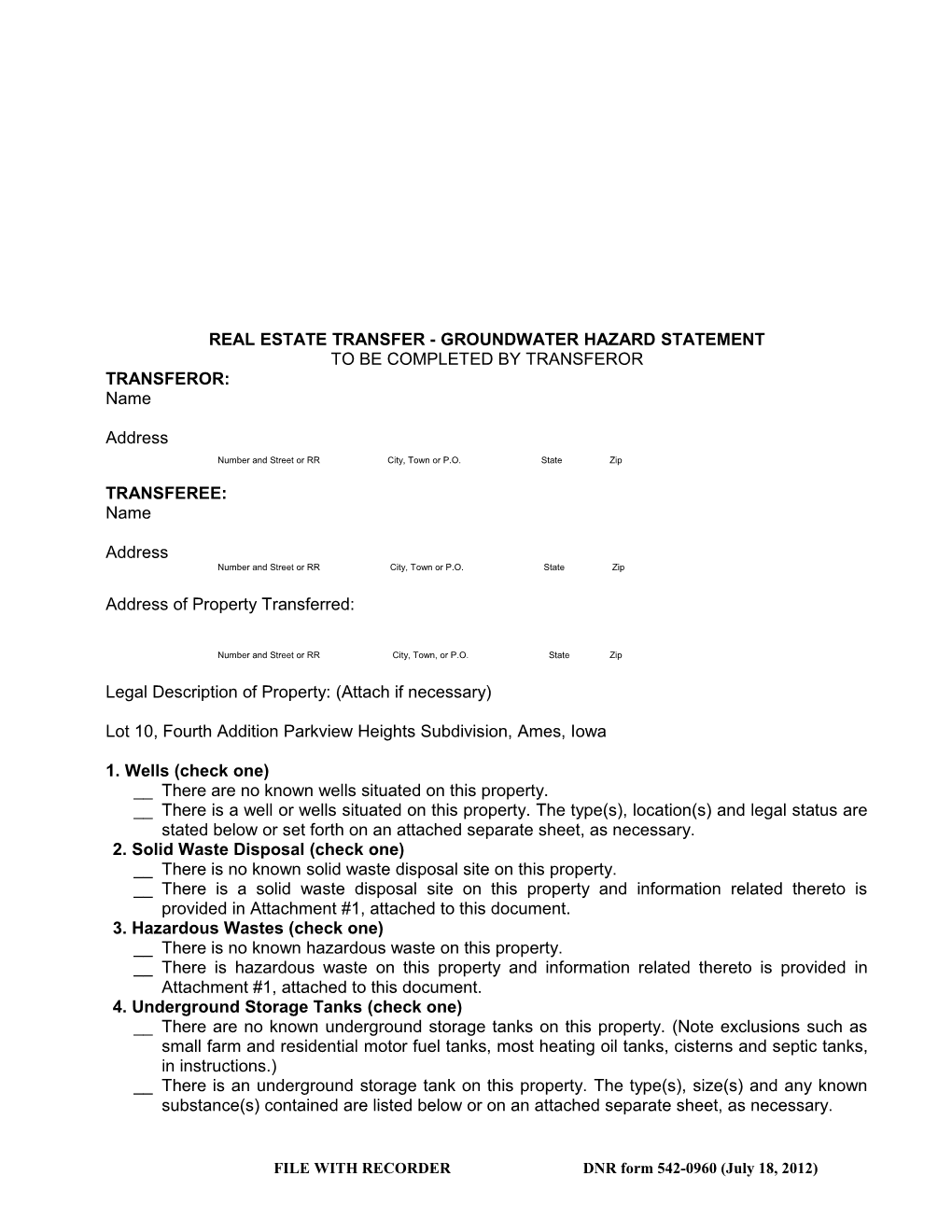 Real Estate Transfer - Groundwater Hazard Statement