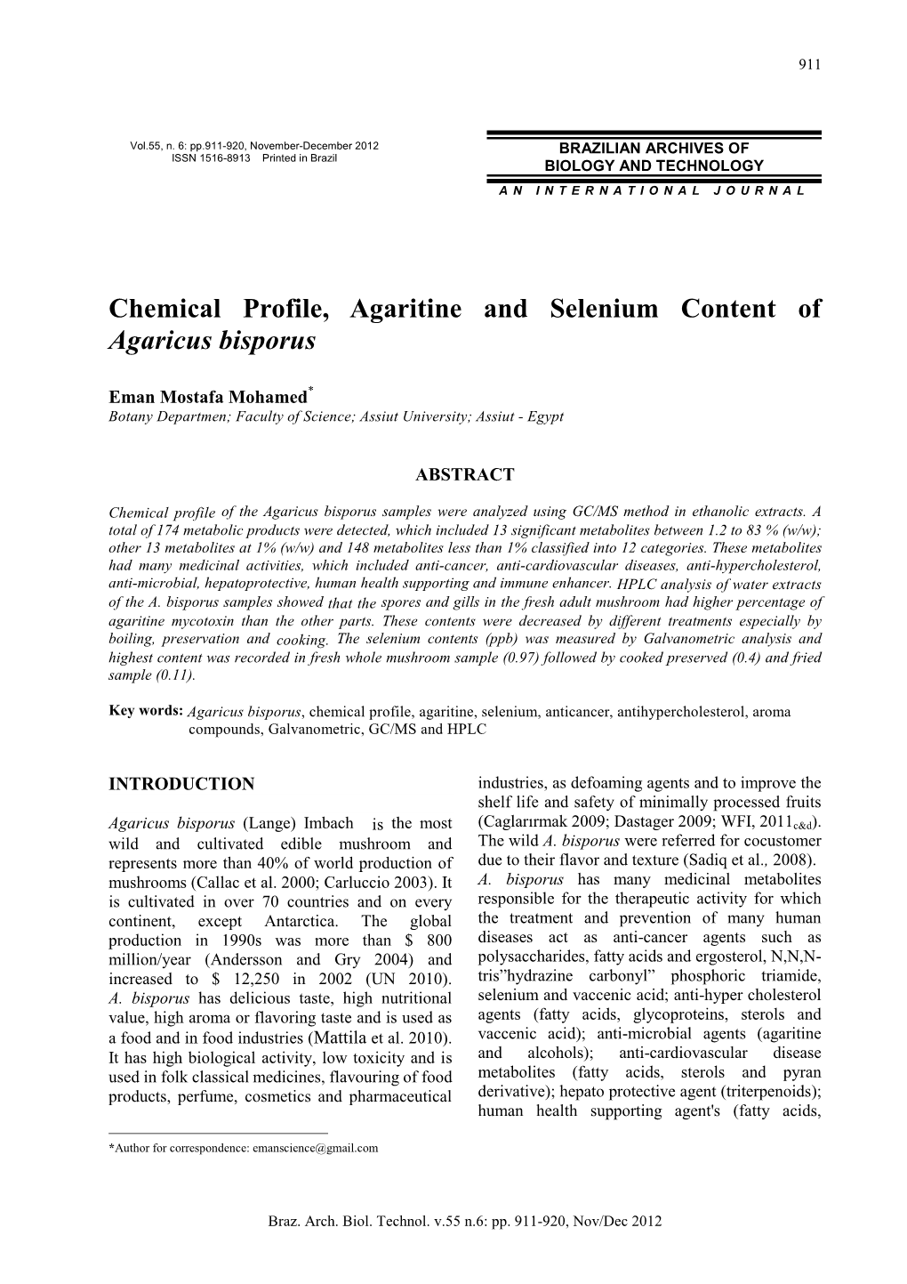 Chemical Profile, Agaritine and Selenium Content of Agaricus Bisporus